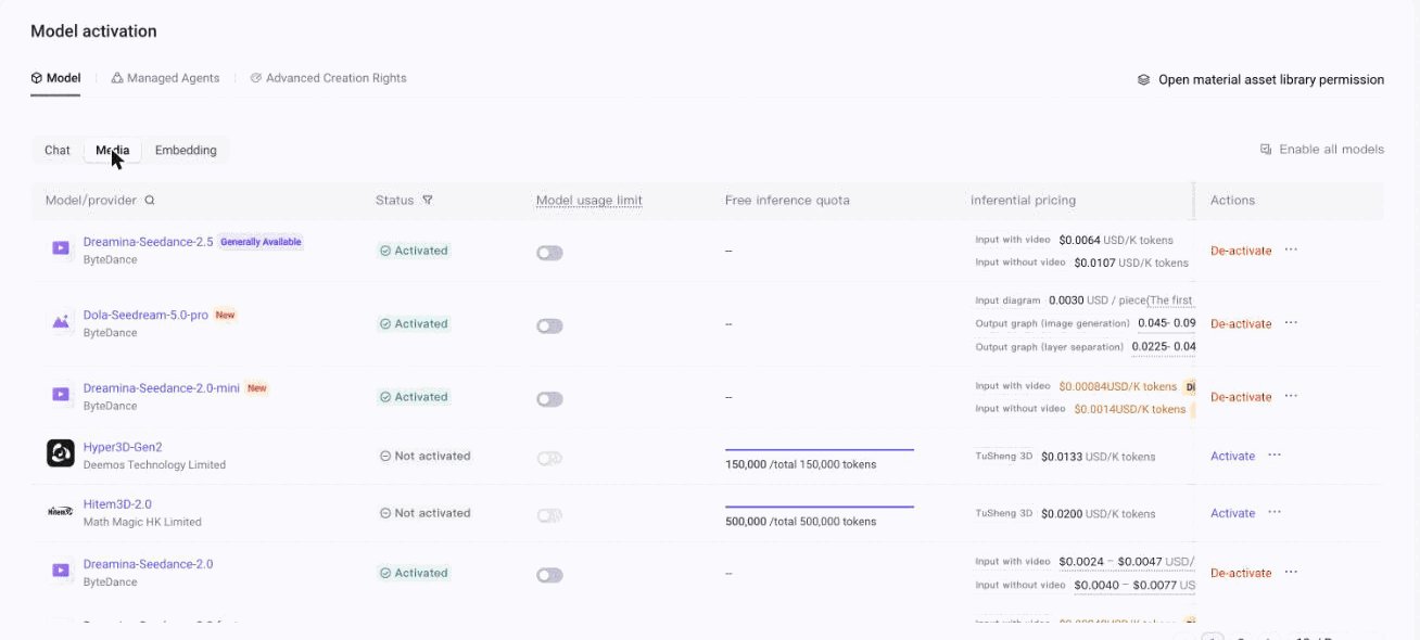 Model activation, the Media tab: each model has its own Activate switch.