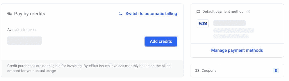 Billing center: Add credits tops the balance up; model activation unlocks from here.