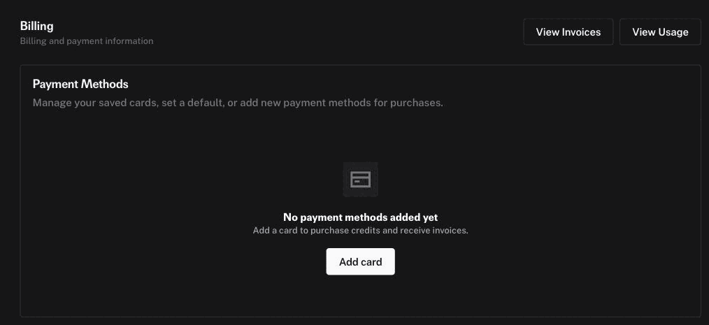 Billing → Add card. Until a card is added, upscaling has nothing to spend.