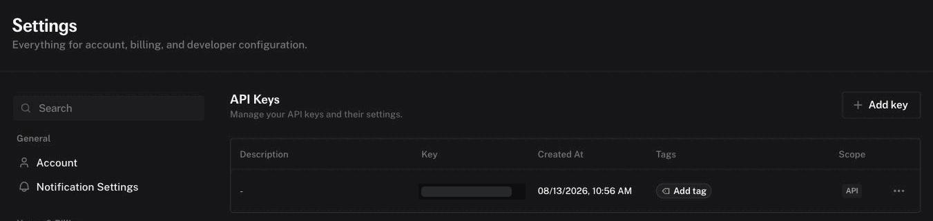 Settings → API Keys: Add key is on the right, Billing in the left menu.
