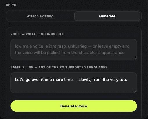 The Voice block in the character dialog: describe the voice, or leave it empty to build it from the portrait.
