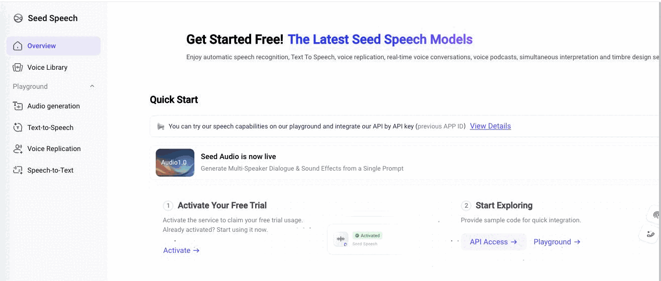 Seed Speech is its own product in the console, with its own API Key section in the sidebar.